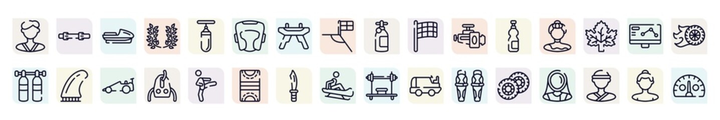 racing outline icons set. thin line icons such as karateka, speedboat, headgear, black flagged, gymnast, fin, sheave, dive knife, pit icon.