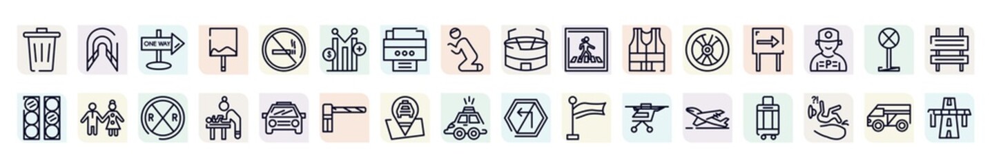 signals set outline icons set. thin line icons such as trash, one way street, yield, pedestrian crossing, one way, girl and boy, baby changer, taxi stop, take off icon.