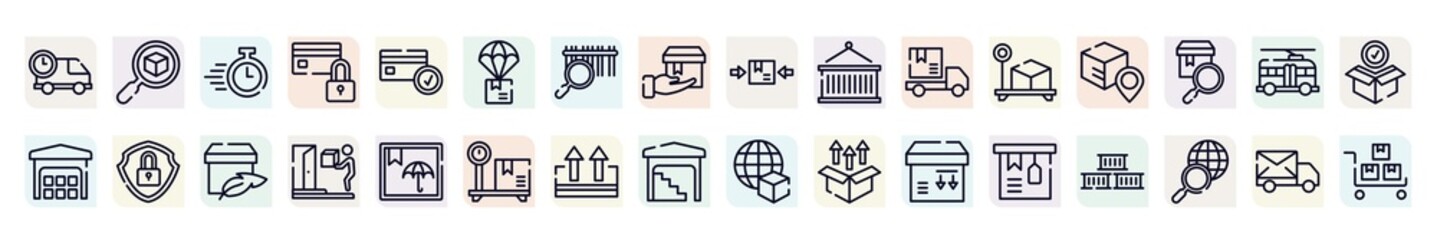 lineal logistic outline icons set. thin line icons such as delivery delay, delivery timer, parachute box, lift package, track package, security, on door delivery, keep up, tagged package