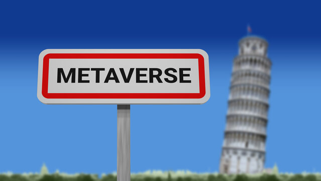 NFT Italian monument Metaverse. Tokenized virtual reality in meta, vr headset. Visit VR pisa tower in virtual reality. Vr tourism in the metaverse see Pisa Tower Italy