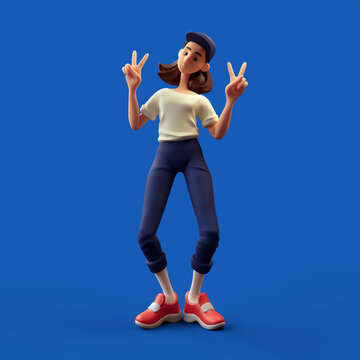 Funny kawaii casual brunette k-pop girl with smiling face wears white t-shirt, blue pants, red sneakers shows fingers doing peace sign, victory symbol, number two, success in a dancing pose. 3d render