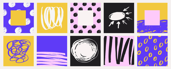Creative banners, covers, quotes or posters set in modern art style for corporate identity, branding, social media advertising, promo. Modern layout design template with abstract hand drawn doodles © Tanya Shulga