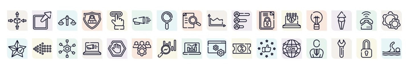 sports outline icons set. thin line icons such as differentiation, feasibility, product promotion, voting results, black lightbulb, left dots arrow, laptop computer, search stats, cdn icon.