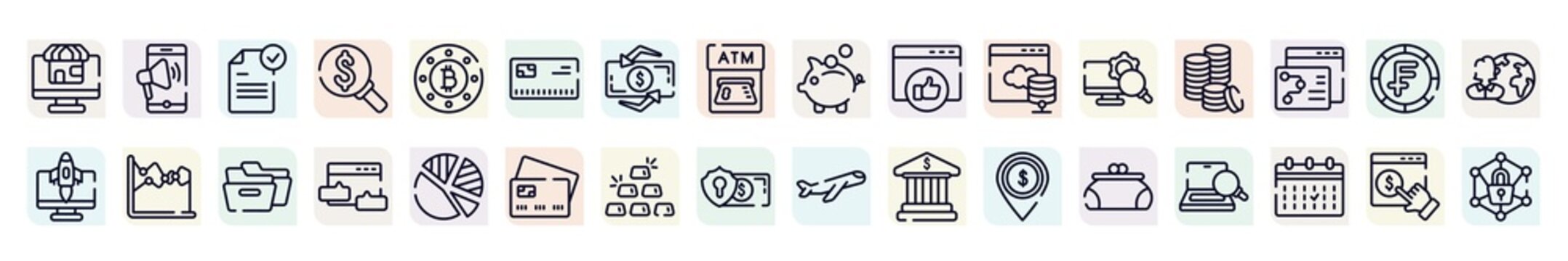 marketing and seo outline icons set. thin line icons such as web shop, file submit, , favorite web, three dollar coins stacks, dual chart, blog commenting, six gold bars, women puser icon.
