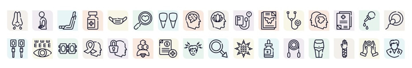 Fototapeta premium biochemistry and medicine outline icons set. thin line icons such as mucus, inhalator, health check, sphygmomanometer, psychologist, eye test, hope, medical invoice, jumping rope icon.