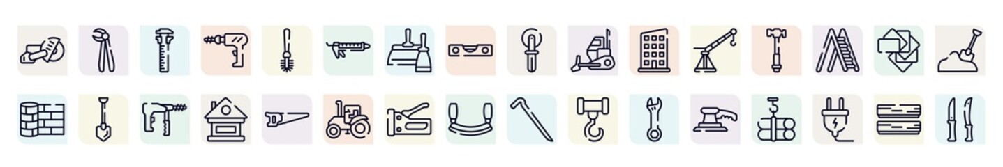 cutting tool outline icons set. thin line icons such as big saw, sliding scale, sealant, bulldozing, hammer facinf left, long shovel, lodge, big stapler, sanding hine icon.