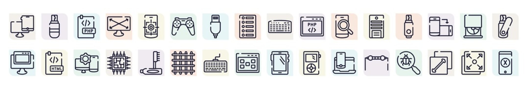 devices outline icons set. thin line icons such as monitor and tablet, php document, wireles gamepad, php code, usb flash, html document, cpu processor, intosh keyboard, resistance icon.