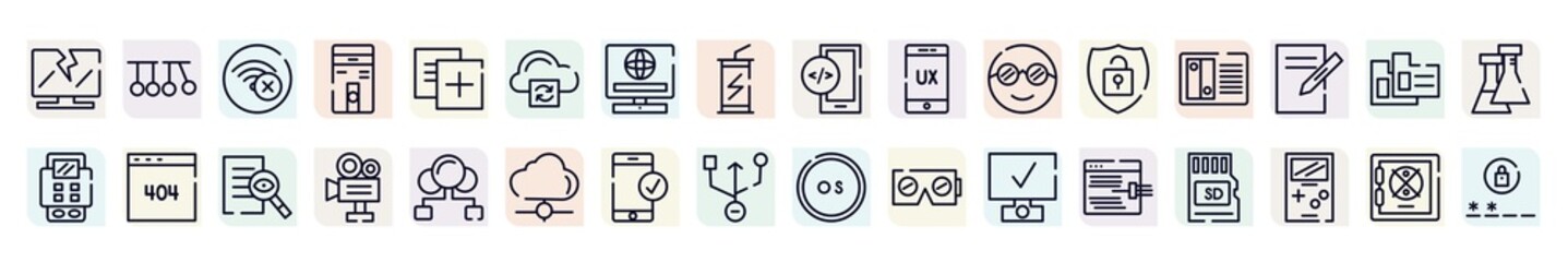 cyber crimes outline icons set. thin line icons such as broken laptop, connection error, cloud processing, ux, nas, error 404, video production, successful connection, code injection icon.