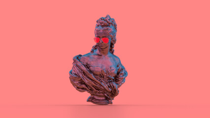 3d render sculpture of a woman blue-pink proudly looks from top to bottom shiny art background