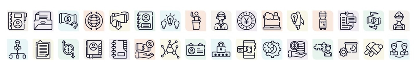cryptocurrency outline icons set. thin line icons such as contact book, refund, personal profile, yen, water dispenser, explanation, address book, decentralized, stack icon.