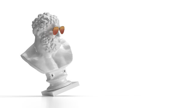 3d render antique bust white on a white background with sunglasses on the left side look the other way