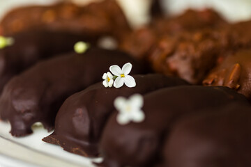 Homemade cottage cheese curds or cheese cakes with dark and milk choclate glaze and nuts on laid table