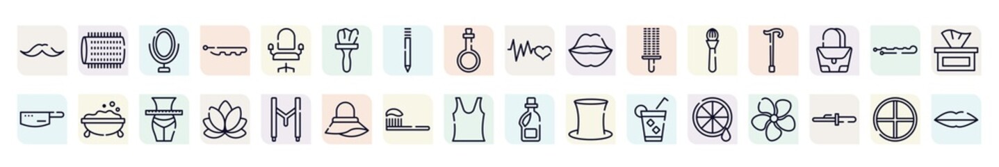 beauty outline icons set. thin line icons such as moustaches, mirrors, tint, kiss, cane, foam, lily, brushing, lemon juice icon.