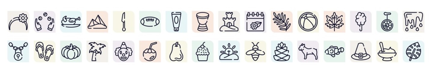 tropical outline icons set. thin line icons such as headband, turkey, rugby ball, season, fall, flip flops, coconut tree, pear, bulldog icon.