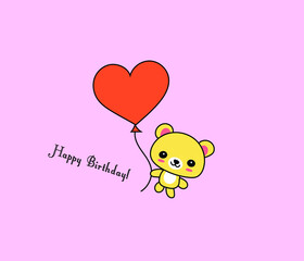 Teddy bear with a ball. Red heart. Happy Birthday. Illustration.