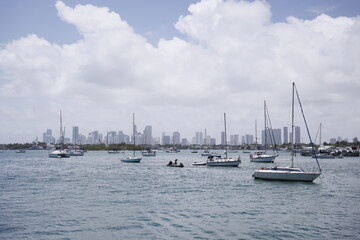 Fototapeta na wymiar City of Miami view from across Biscayne Bay lagoon water from Miami Beach side Florida USA
