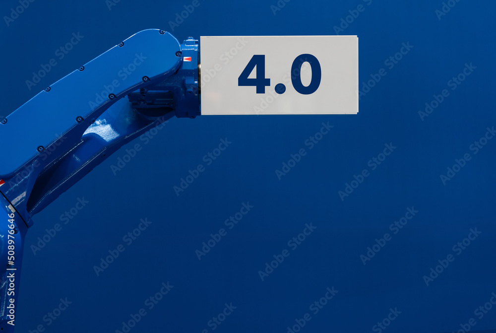 Poster robot arm with box and text 4.0. smart industry concept