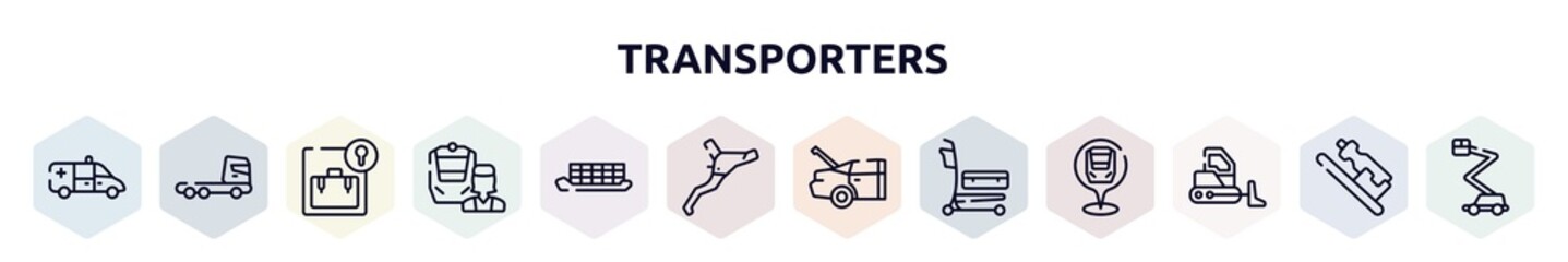 transporters outline icons set. thin line icons such as ambulance side view, truck cabin side view, left luggage, train operator, container ship side view, brakes, trunk open, airport cart,