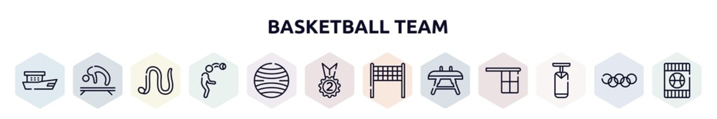 basketball team outline icons set. thin line icons such as fishing boat, gymnastics, earthworm, head hitting, yoga ball, second place, volleyball net, vaulting horse, boxing bag icon.