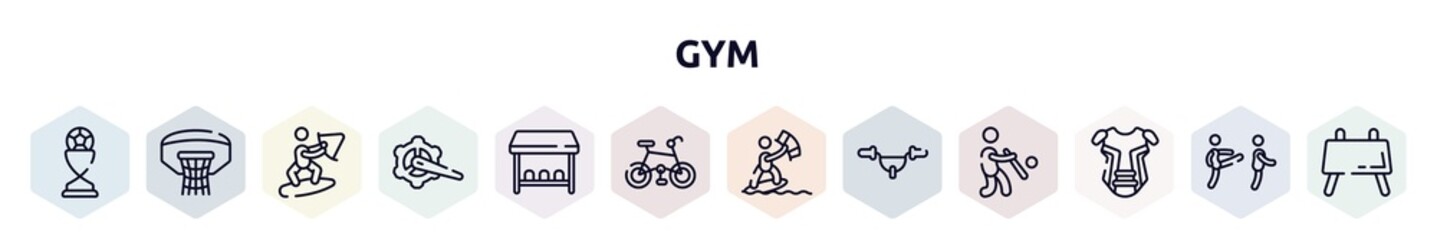 Fototapeta premium gym outline icons set. thin line icons such as football trophy, basketball hoop, wakeboarding, crank arm, team bench, mountain bike, kitesurfing, handlebar, chest guard icon.