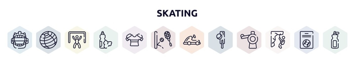 skating outline icons set. thin line icons such as catcher mask, fitness ball, goalie, food and drink, armour, squash, go kart, crocket, abseiling icon.