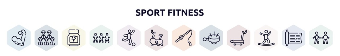 sport fitness outline icons set. thin line icons such as muscular, baseball team, whey protein, football team, soccer game, stationary bicycle, fishing line, ringer, highlining icon.