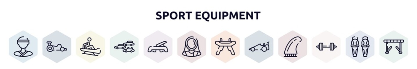 sport equipment outline icons set. thin line icons such as judoka, kart racing, sledding, apex, fitness step, fencer, pommel horse, drag racing, barbell icon.