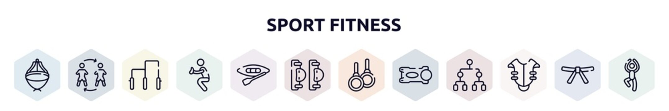 sport fitness outline icons set. thin line icons such as asian hat, substitute, gym bars, catcher, canoeing, elbow pads, gymnastic rings, stem, chest protection icon.