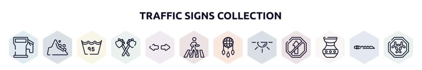traffic signs collection outline icons set. thin line icons such as fuel filling, mountain pse, null, native american axes, turn, crossing, dream catcher, dome light, native american pot
