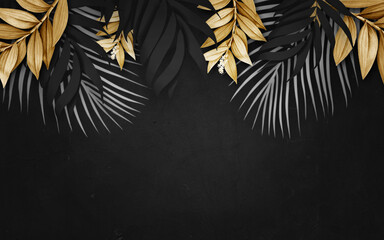 Beautiful dark and golden leaves background with copy space