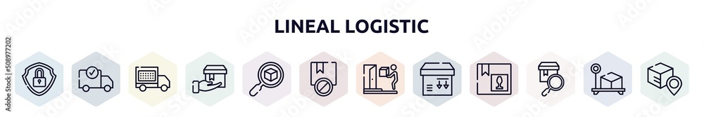 Poster lineal logistic outline icons set. thin line icons such as security, delivery check, delivery date, 