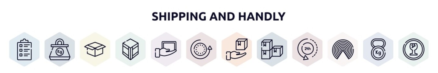 shipping and handly outline icons set. thin line icons such as packing list, kilogram, package delivery, wooden crate, lightweight, 24 hours, delivery package, stack package, airdrop icon.