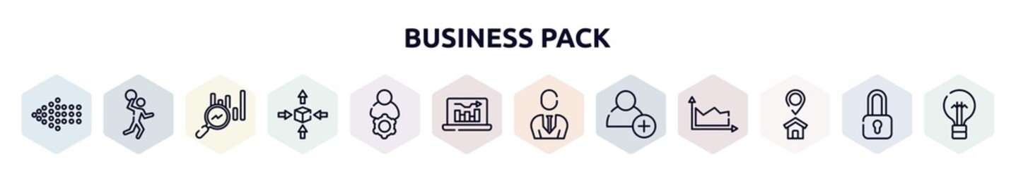 business pack outline icons set. thin line icons such as left dots arrow, handball, search stats, differentiation, administrator, online graph, businessman with tie, hire, home address icon.