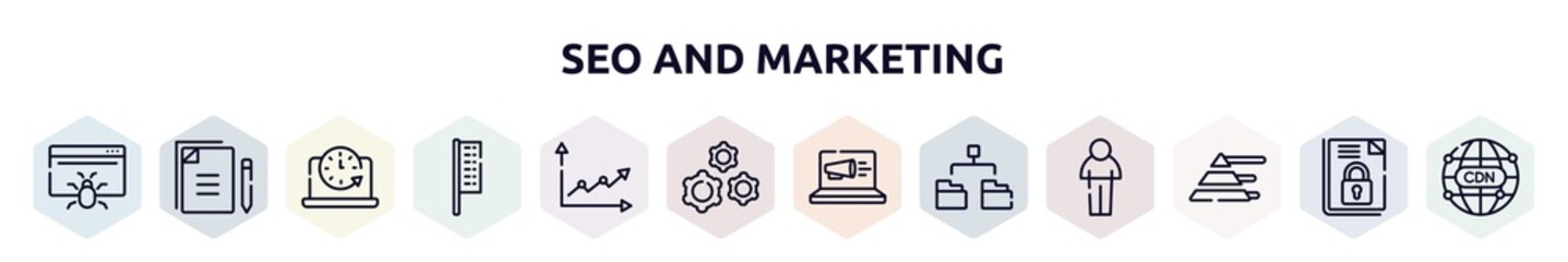 seo and marketing outline icons set. thin line icons such as web crawler, copywriting, circular clock, bow flags, line graph, wheel with cogs, laptop computer, diagram folder, pyramid stats