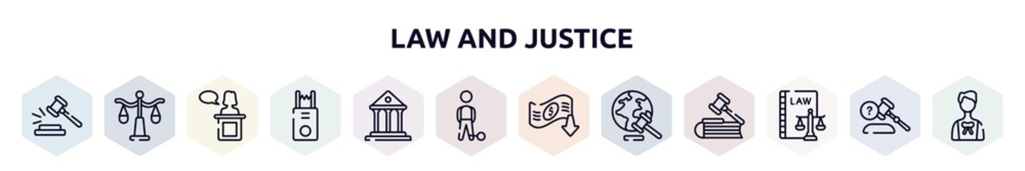 law and justice outline icons set. thin line icons such as case closed, justice scale, witness, electroshock weapon, court, convict, bankruptcy, diploy, labour and social law icon.