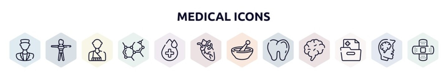 medical icons outline icons set. thin line icons such as medical doctor, female body, man with broken arm, biology shape, drop with hospital, heart organ, phary, teeth, medical results folders,