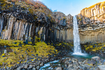 der berühmte Wasserfall Svartifoss auf Island, in der nähe des Skaftafell  Gletscher