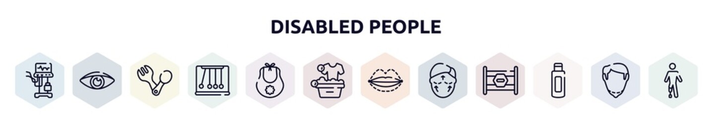 disabled people outline icons set. thin line icons such as ventilator, eyesight, spoon and fork, momentum, baby bib, washing clothes, sil, aesthetic, body oil icon.