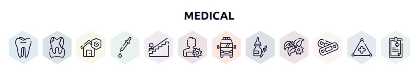 medical outline icons set. thin line icons such as molar, plaque, disaster, medicine dropper, null, woman with flower, frontal ambulance, drops of medicine, lovely aid band icon.