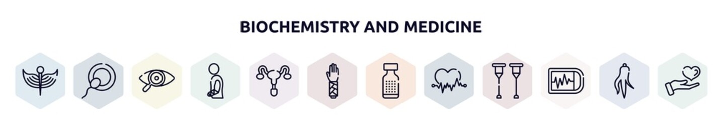 biochemistry and medicine outline icons set. thin line icons such as medical, insemination, eye exam, injury, reproductive system, splint, homeopathy, ecg, ekg monitor icon.