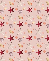 Summer card pattern with seashells and starfish. Beach Holidays, Summer, marine nature concept. Vector Illustration.