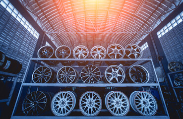 Rows of metal car disks in a shop