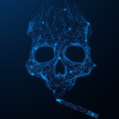 Smoldering cigarette with smoke in the shape of a skull. The harm of smoking. Polygonal design of thin lines and dots. Blue background.