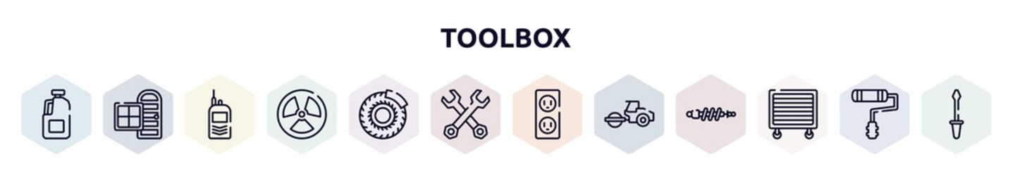toolbox outline icons set. thin line icons such as gallon oil, door and window, portable radio, radiation, brake disc, double wrench, electric socket, steamroller, garage wrench icon.