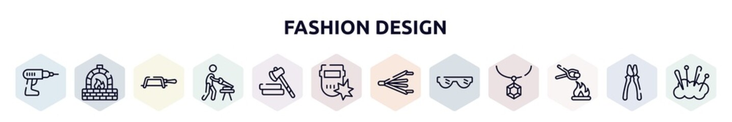 fashion design outline icons set. thin line icons such as hand drill, kiln, fretsaw, carpenter, lumberjack, weld, bellows, eye protection, furnace icon.