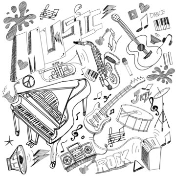 music instruments hand drawing sketch vector with piano guitar drum saxophone keyboard musical sign score on white background