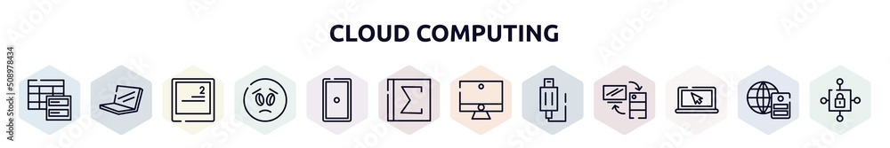 Poster cloud computing outline icons set. thin line icons such as data spreadsheet, laptop in perspective, keyboard key with number 2, frown emot, grip, spreadsheet with sum, computer with monitor, usb