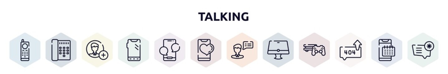 talking outline icons set. thin line icons such as first commercial phone, call director phone, add contact, phone with three buttons, with message, with heart, male, monitor, error sending message,