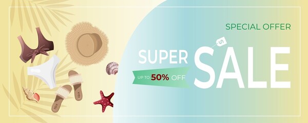 Summer sale promo banner with summer elements, tropical leaves, flip flops. Vector illustration for special offer, flyer, advertising, commercial, banner.