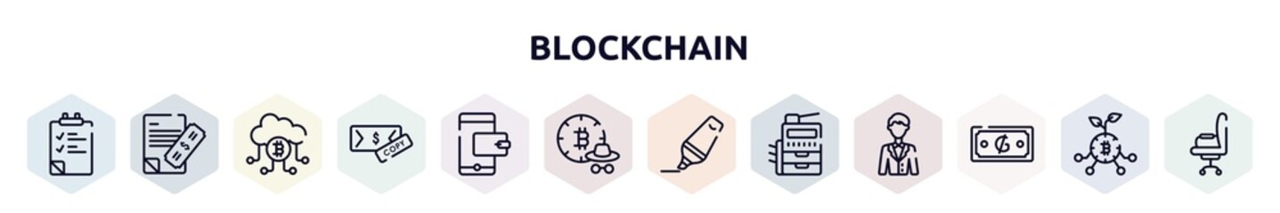 blockchain outline icons set. thin line icons such as fintech, attachment, drawers, productivity, netoworking, business plan, real state, analytic, safety box icon.